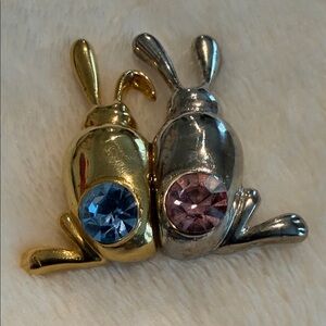 Elegant Gold Tone -Silver Bunny Pin with Blue and Pink Crystals